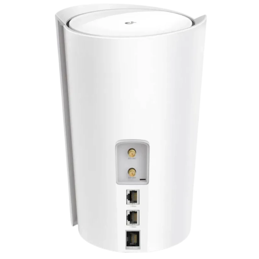 TP-Link Deco X50-5G Blanco cilíndrico, acabado mate, puertos Ethernet traseros, ranuras SIM y antenas 5G externas, diseño minimalista vertical