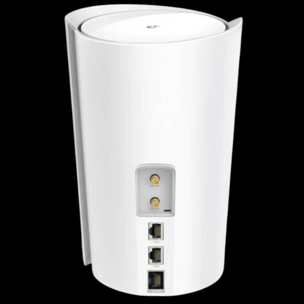 TP-Link Deco X50-5G Blanco cilíndrico, acabado mate, puertos Ethernet traseros, ranuras SIM y antenas 5G externas, diseño minimalista vertical