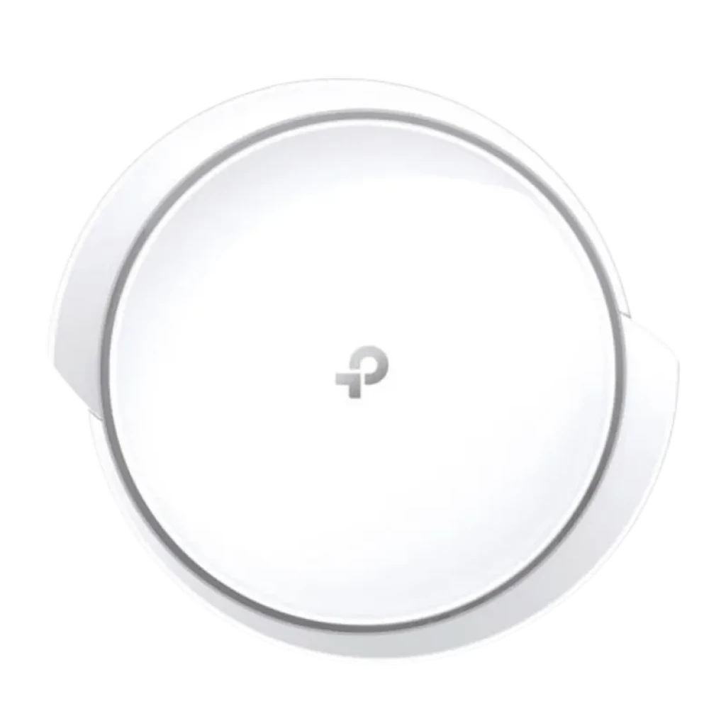 Módulo Deco X50-5G blanco con diseño circular minimalista, acabado brillante y logo TP-Link centrado; bordes curvos y perfil bajo para montaje discreto