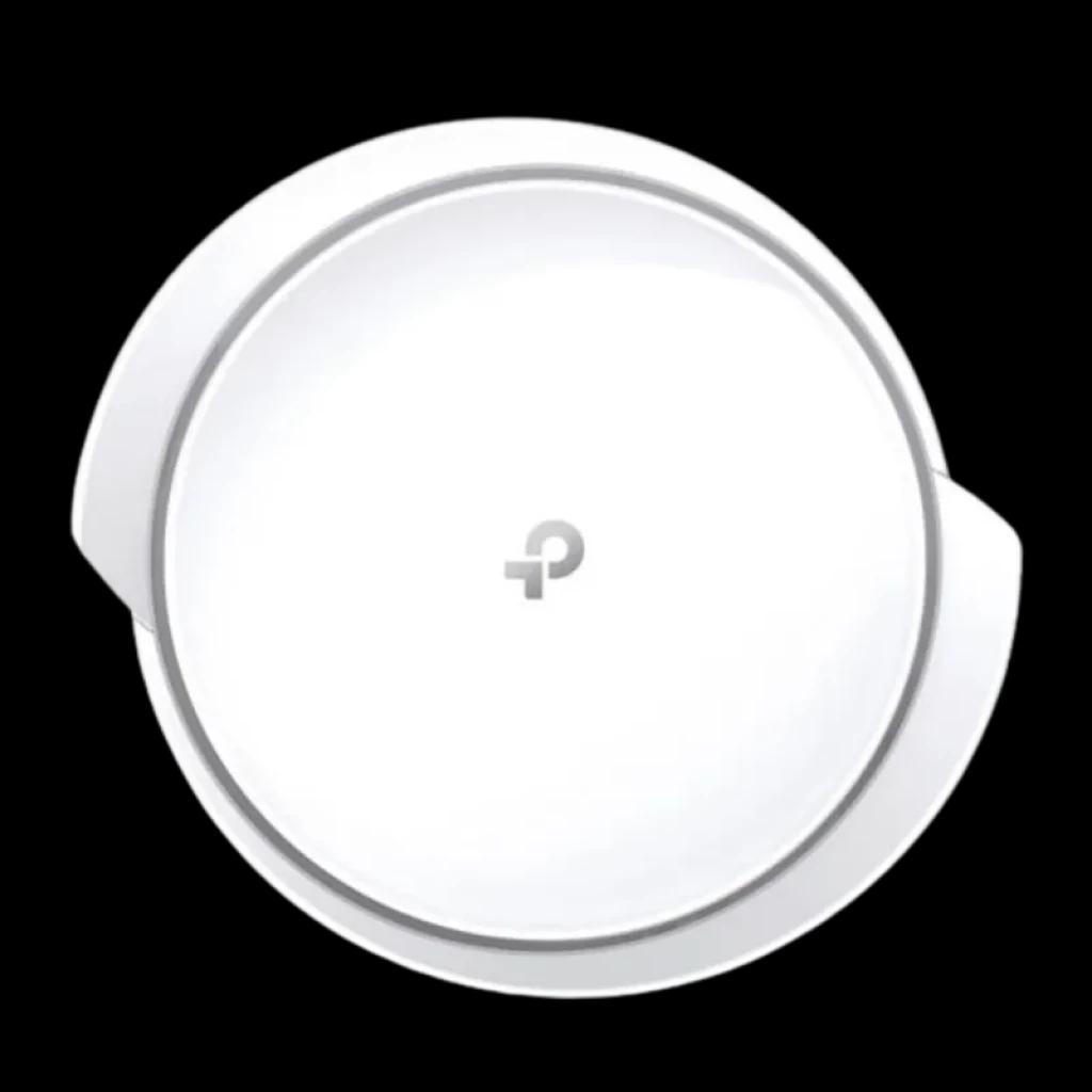 Módulo Deco X50-5G blanco con diseño circular minimalista, acabado brillante y logo TP-Link centrado; bordes curvos y perfil bajo para montaje discreto