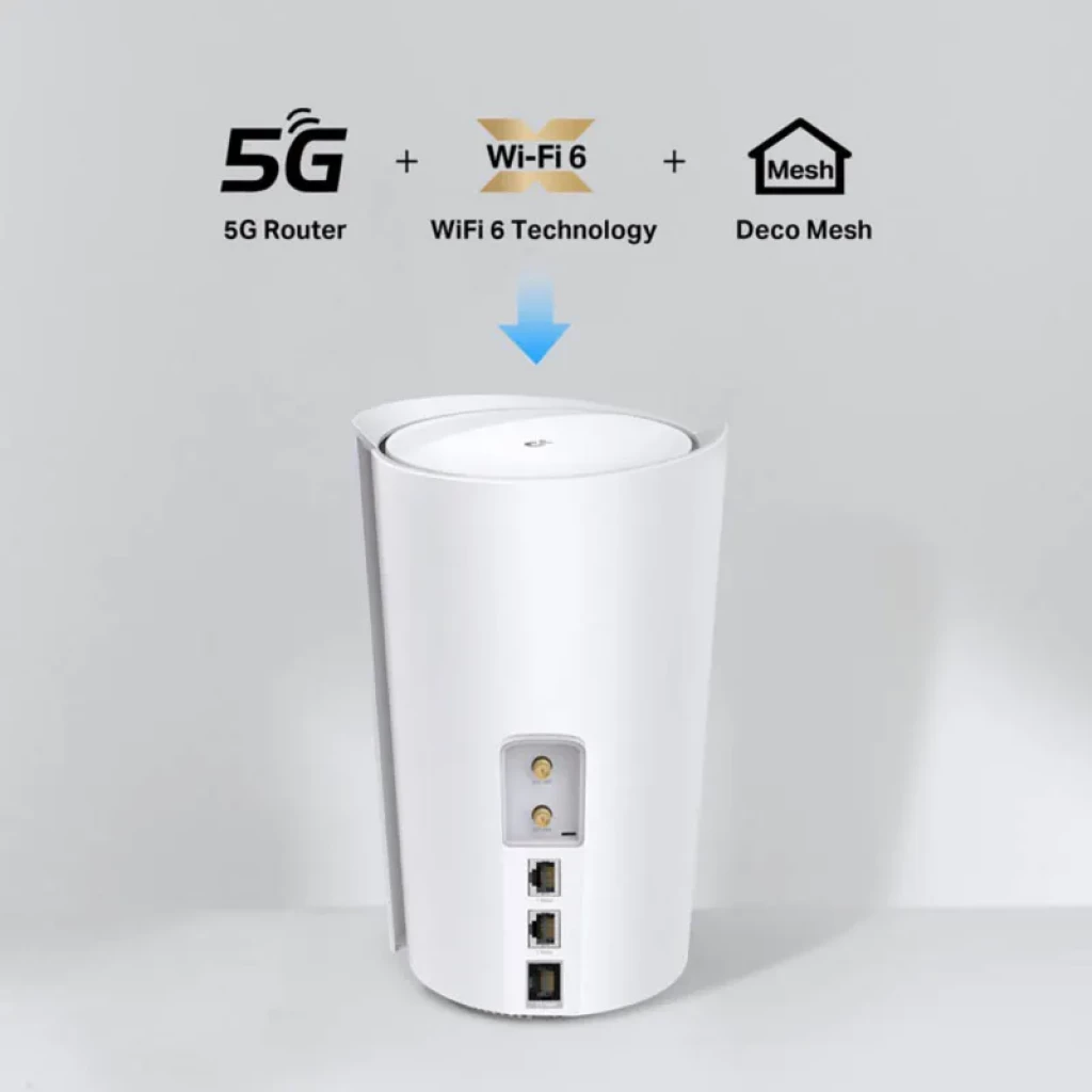TP-Link Deco X50-5G Blanco, cilindro minimalista con puertos Ethernet, botón y ranuras traseras; iconos que destacan 5G, Wi‑Fi 6 y malla Deco Mesh
