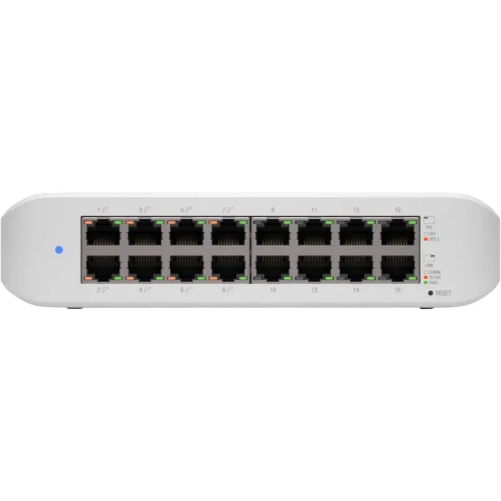 Ubiquiti UniFi Lite 8 PoE Switch L2 Gigabit con 16 puertos RJ45 frontales, LEDs de estado, botón reset lateral y chasis blanco compacto