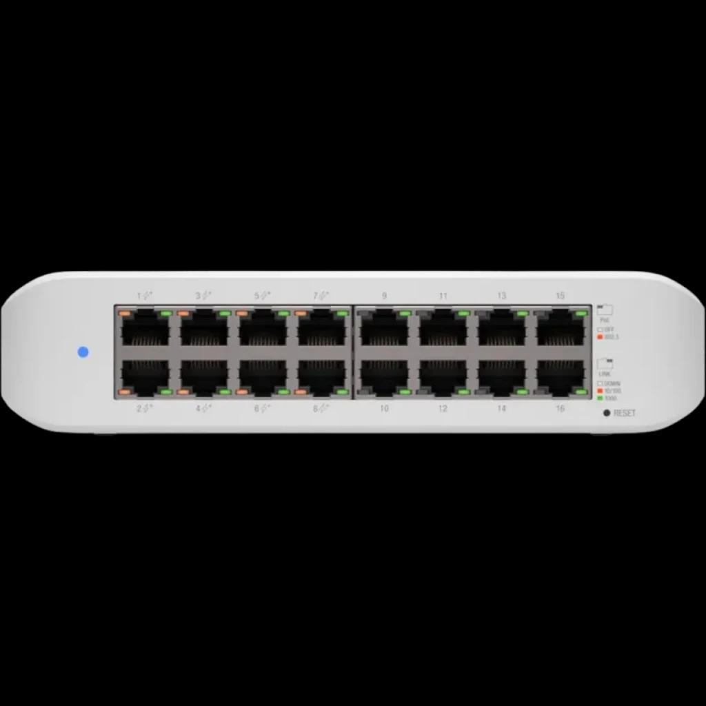 Ubiquiti UniFi Lite 8 PoE Switch L2 Gigabit con 16 puertos RJ45 frontales, LEDs de estado, botón reset lateral y chasis blanco compacto