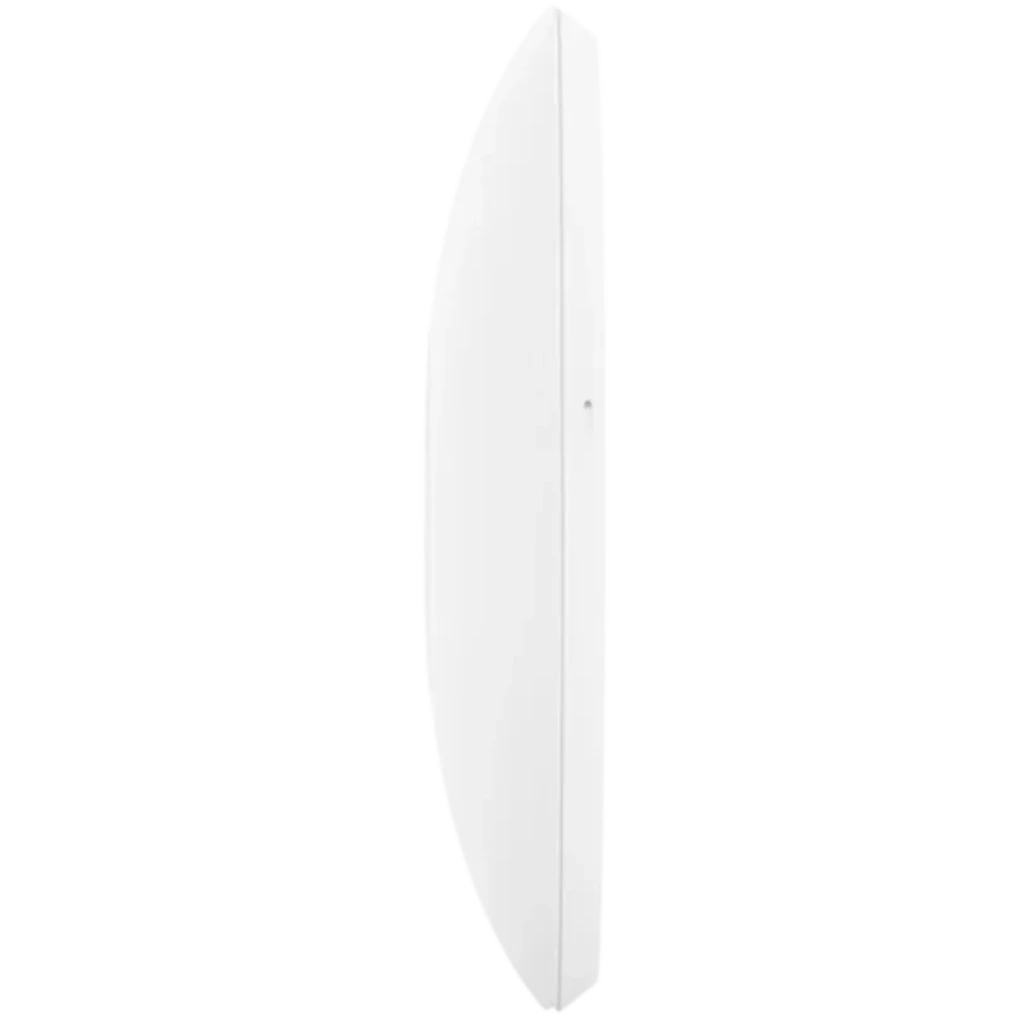 Perfil lateral del Ubiquiti U6-PRO, cuerpo redondo blanco de bajo perfil, diseño minimalista para montaje en pared o techo, sin puertos visibles