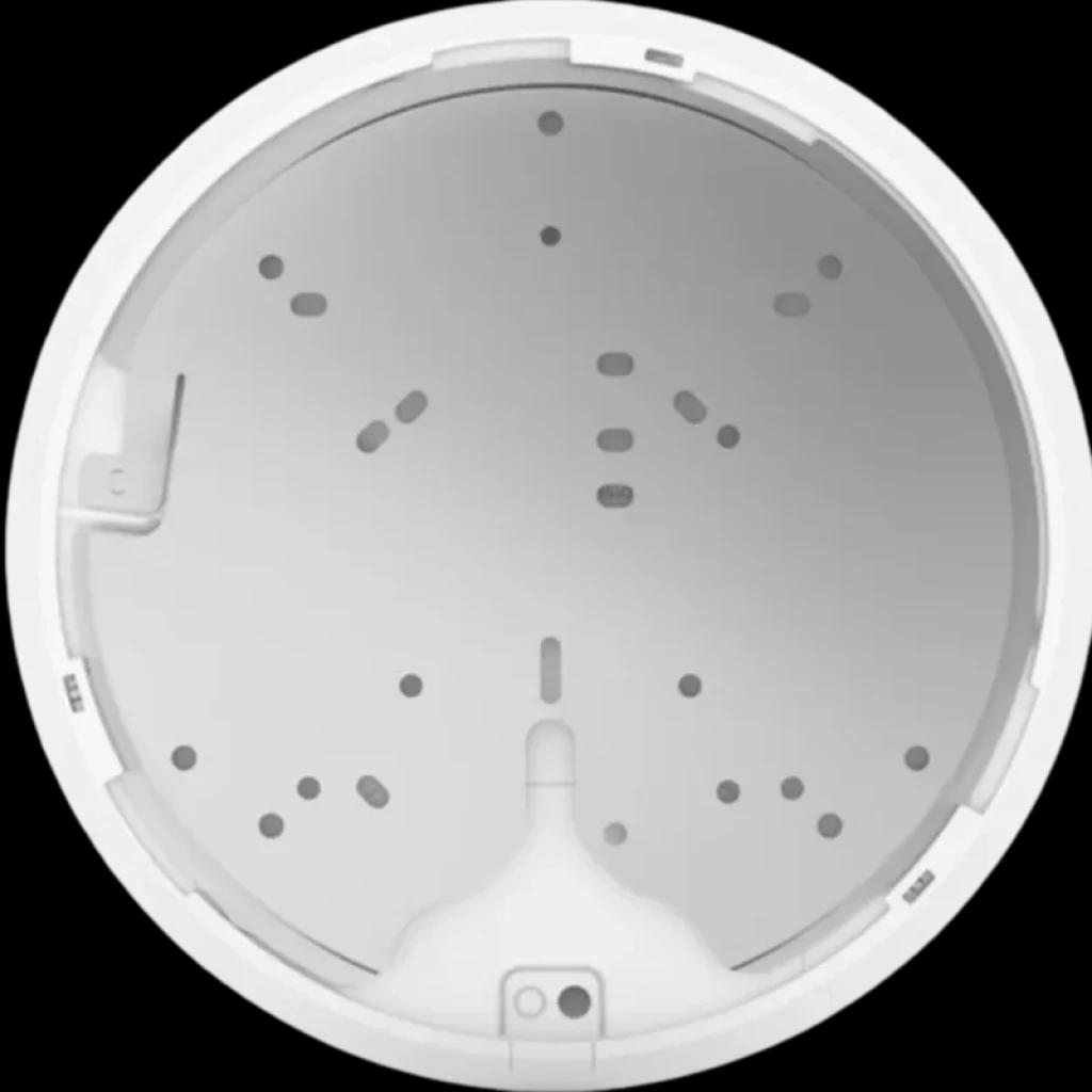 Base de montaje circular blanca para Ubiquiti U6-PRO, con múltiples orificios de fijación y canal para cableado, compatible con pared o techo