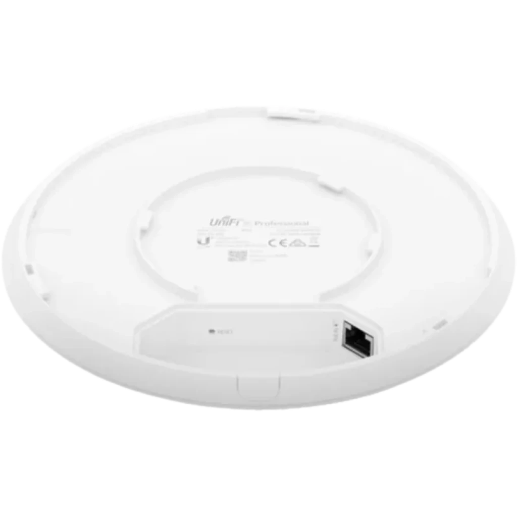 Ubiquiti U6-PRO punto de acceso Wi-Fi 6 blanco, diseño circular, trasera con puerto Ethernet y ranuras de montaje para pared o techo
