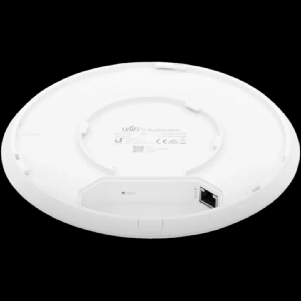 Ubiquiti U6-PRO punto de acceso Wi-Fi 6 blanco, diseño circular, trasera con puerto Ethernet y ranuras de montaje para pared o techo