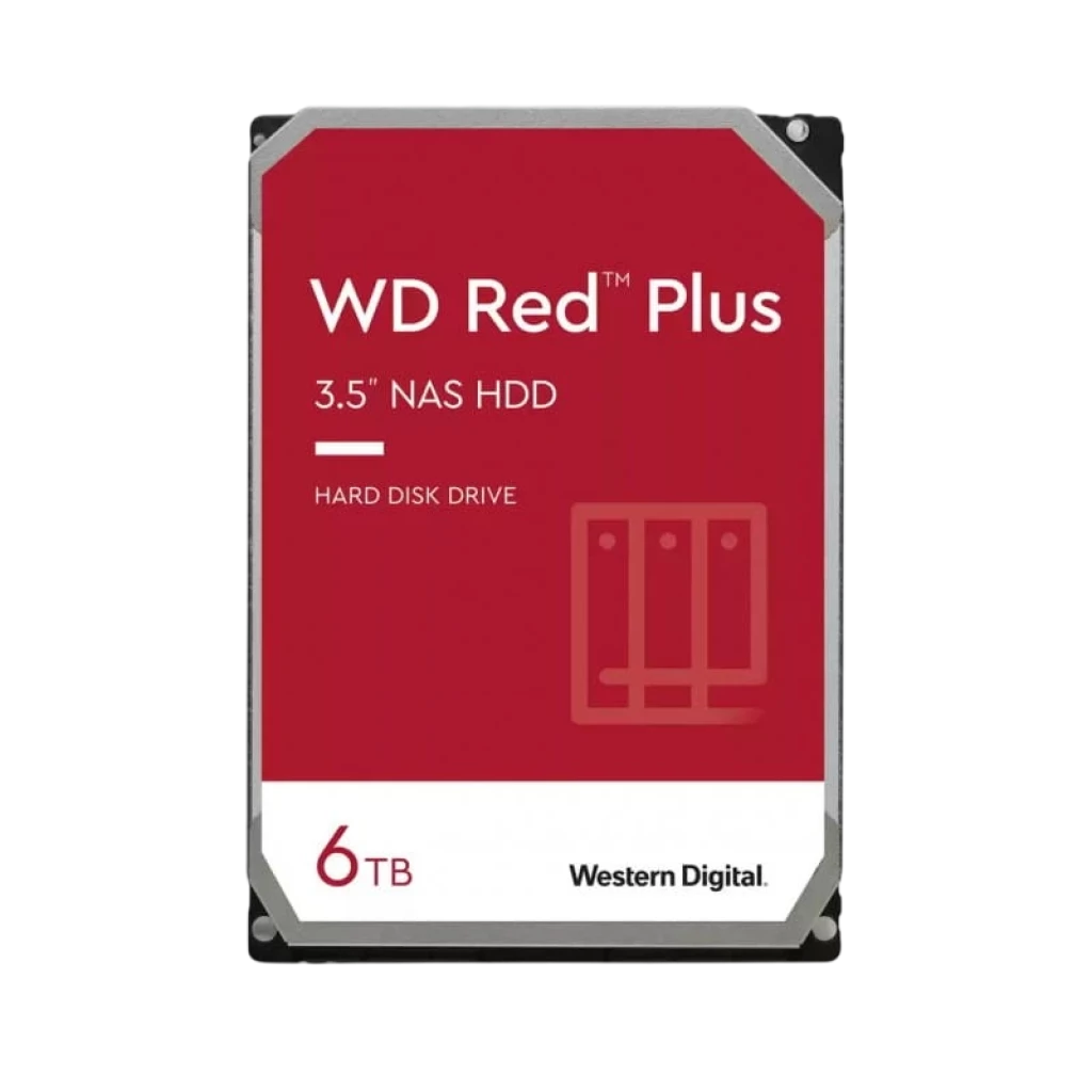 Disco duro 3.5 pulgadas WD Red Plus 6 TB para NAS, etiqueta roja con logo Western Digital, carcasa metálica plateada, formato SATA HDD reacondicionado Clase A