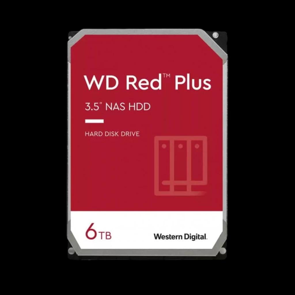 WD Red Plus WD60EFPX 3.5 polegadas, HDD 6 TB SATA. Rótulo vermelho, cantos metálicos, formato NAS. Classe A reacondicionado, robusto e confiável.