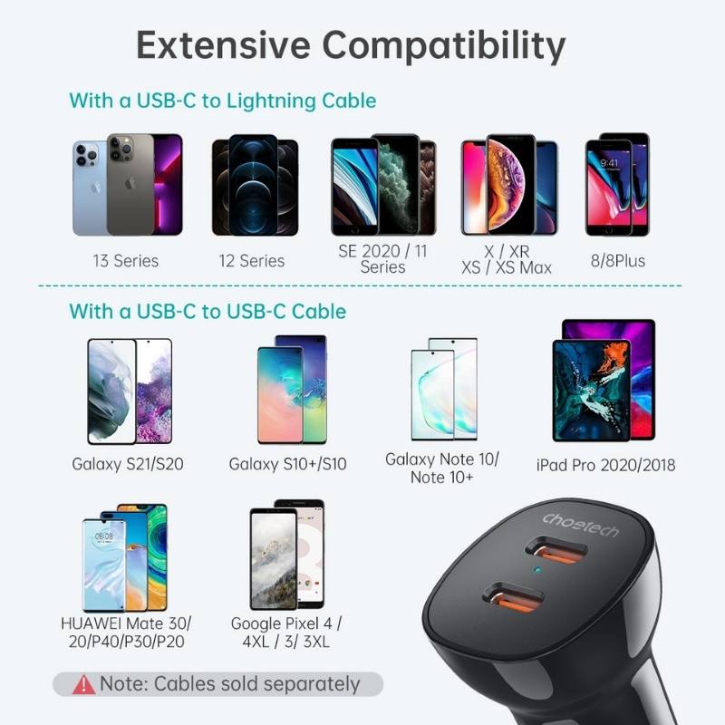 Chargeur de Voiture Choetech 40 W 2×USB‑C Compatibilité