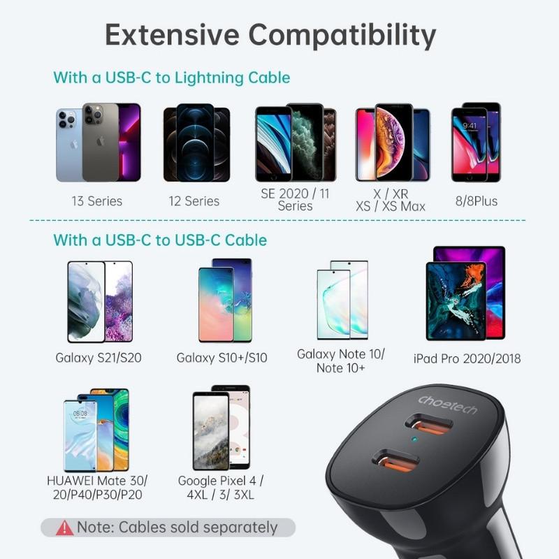 Chargeur de Voiture Choetech 40 W 2×USB‑C Compatibilité