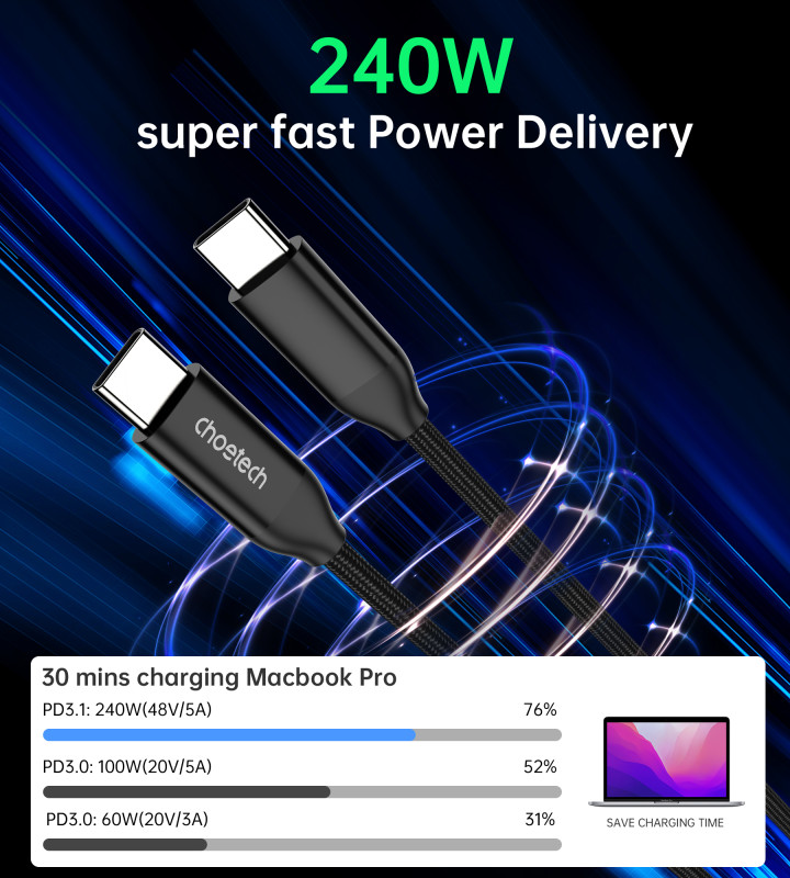 Charge rapide câble Choetech USB-C vers USB-C 240W 