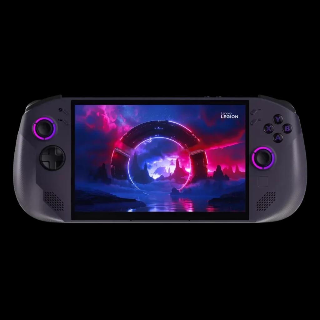 Console portable Lenovo Legion Go S noire avec manettes et boutons rétroéclairés en violet, grand écran central affichant des illustrations futuristes et haut-parleurs frontaux