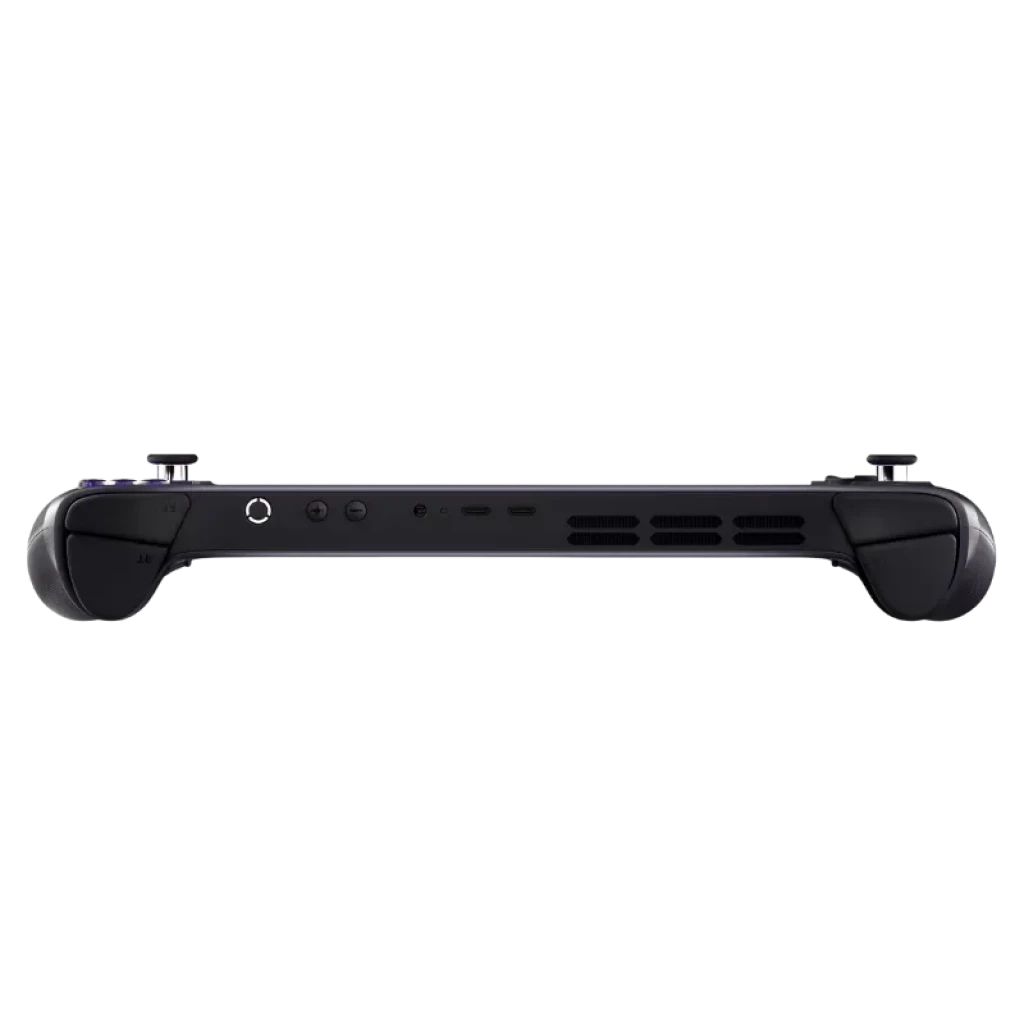 Vue inférieure du Lenovo Legion Go S noir : ventilations centrales, boutons et ports audio et de contrôle répartis, bords ergonomiques avec gâchettes