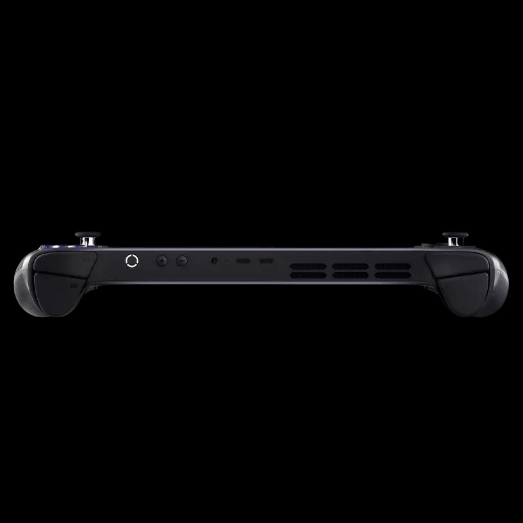 Vue inférieure du Lenovo Legion Go S noir : ventilations centrales, boutons et ports audio et de contrôle répartis, bords ergonomiques avec gâchettes