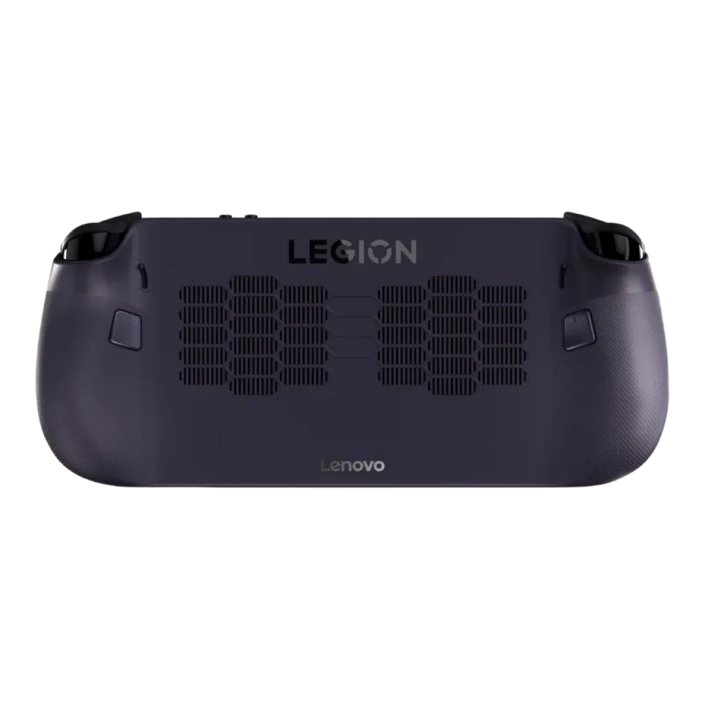 Face arrière du Lenovo Legion Go S noir avec larges grilles d'aération, poignées texturées, boutons arrière et logo Legion centré avec finition mate