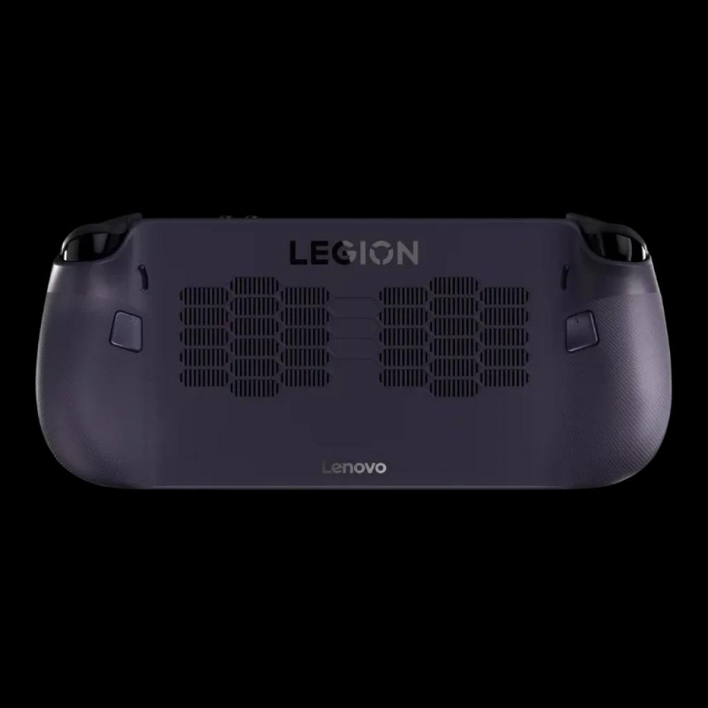 Face arrière du Lenovo Legion Go S noir avec larges grilles d'aération, poignées texturées, boutons arrière et logo Legion centré avec finition mate