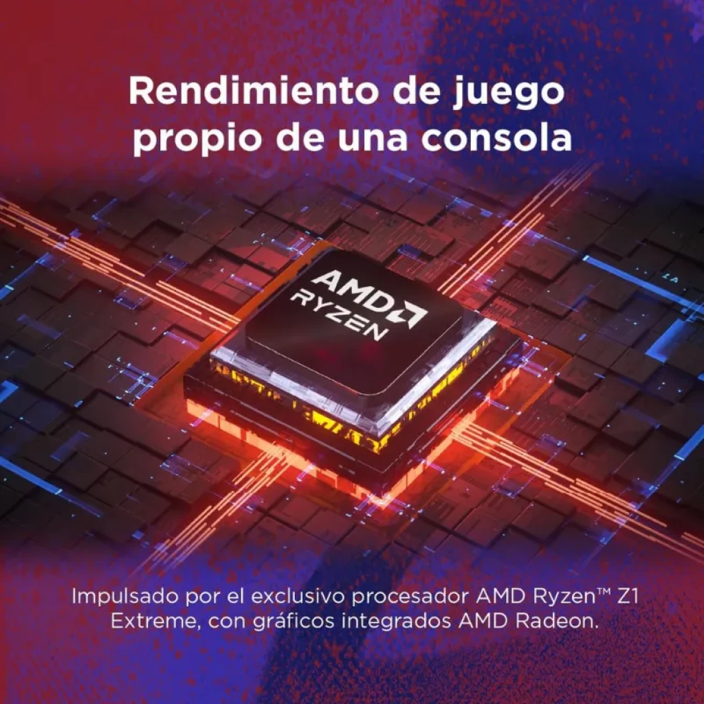Puce AMD Ryzen Z1 Extreme mise en valeur sur une carte sombre avec des lumières rouges et orange, texte soulignant les performances de la console et les graphiques intégrés AMD Radeon