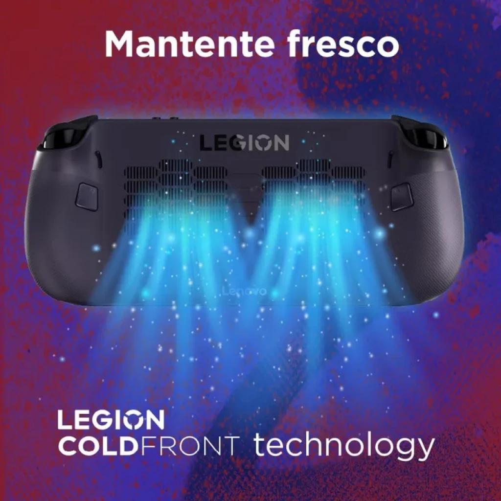 Lenovo Legion Go S noir vue arrière avec grilles et ventilation active bleue, technologie Coldfront pour un refroidissement efficace dans une console portable