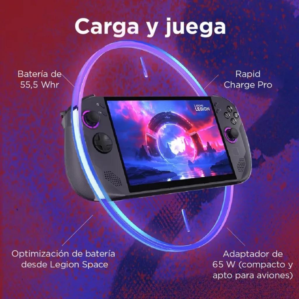 Console portable noire avec manettes, grand écran central et boutons latéraux. Comprend un anneau lumineux, une charge rapide de 65 W et une batterie de 55,5 Whr