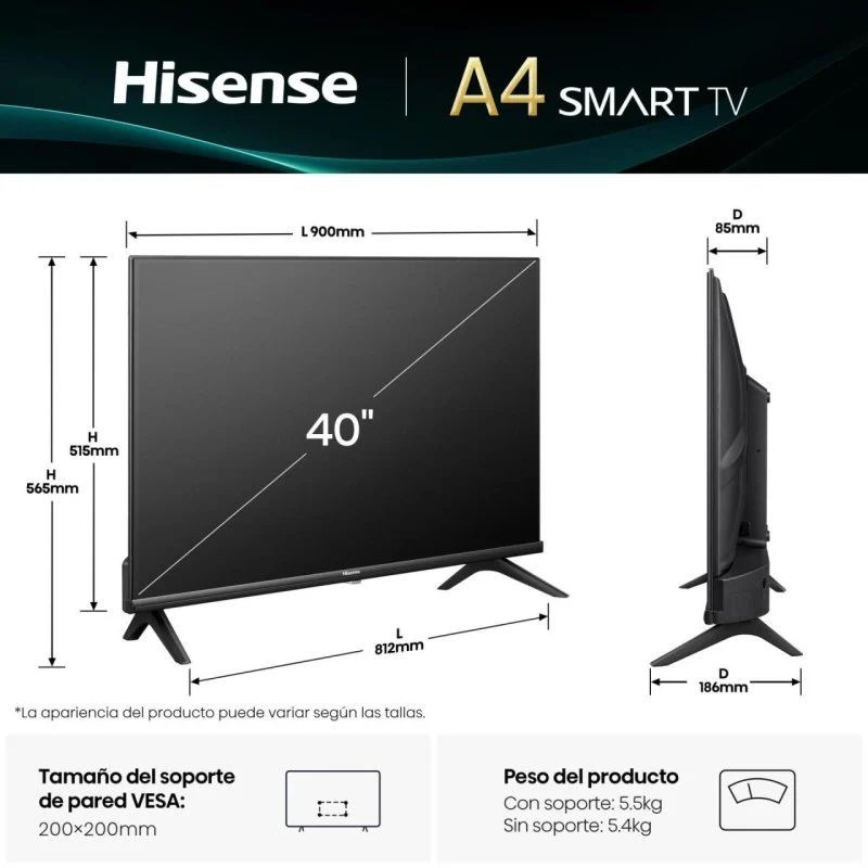 Dimmensions de Hisense 40 40A4Q FullHD LED SmartTV WiFi