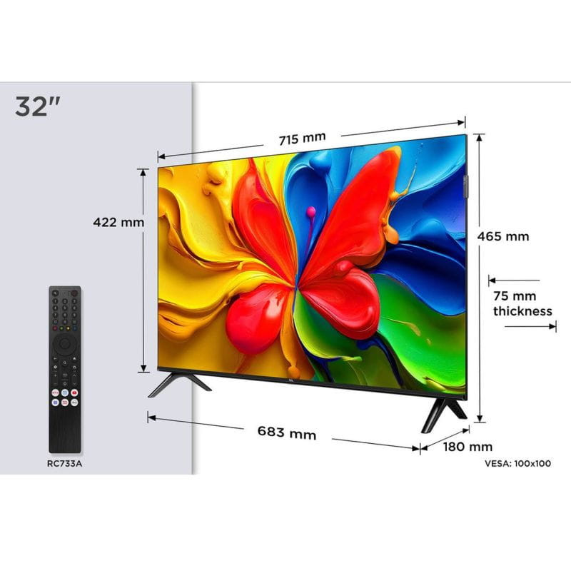 TCL 32S4K 32 pouces HD QLED avec pieds fins, bords étroits et interface Smart TV affichant Netflix, Prime Video, YouTube et plus, connectivité Wi‑Fi