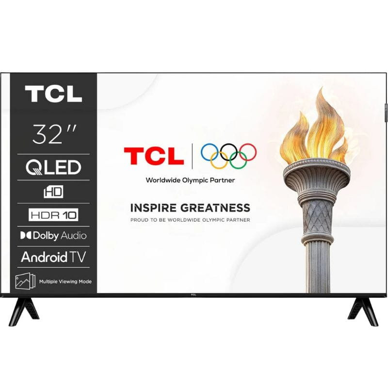 TCL 32S4K 32 pouces QLED HD avec cadre fin, pieds écartés, épaisseur 75 mm, couleurs vives, Wi‑Fi Smart TV, VESA 100x100, télécommande RC733A incluse
