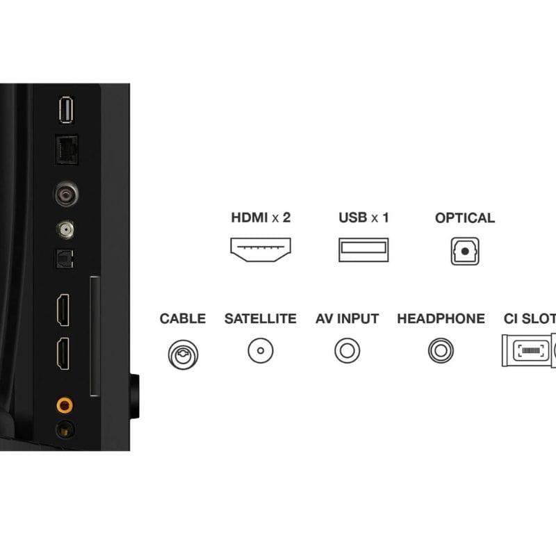 TCL 32S4K 32 pouces HD QLED mince vue latérale, cadre noir, pied en V, connectique arrière accessible, design épuré pour salon moderne, Wi‑Fi Smart TV