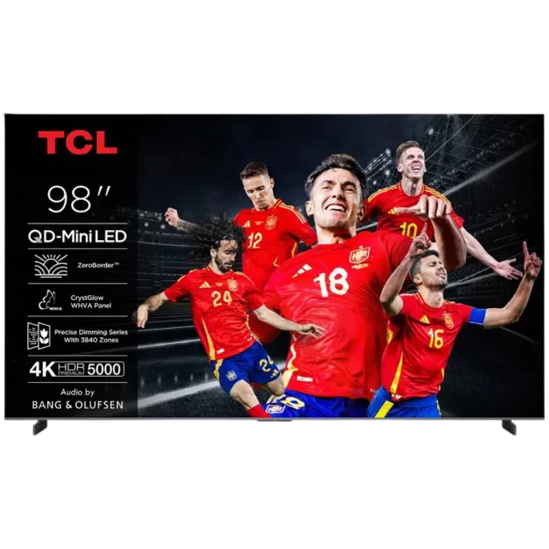 TCL 98C8K 98 4K Mini LED Smart TV com painel QD-MiniLED, ZeroBorder, 4K HDR, 5000 nits, dimming preciso com 1340 zonas e áudio Bang & Olufsen