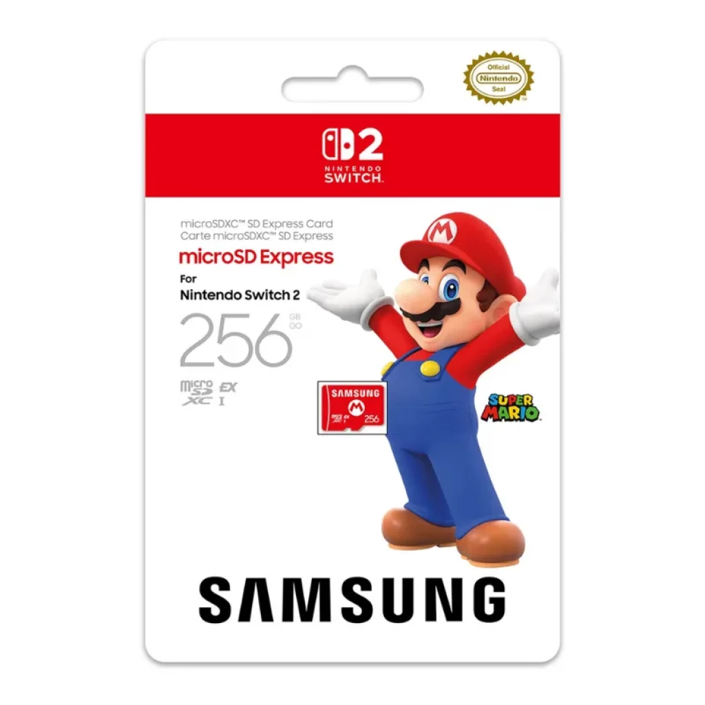 Tarjeta MicroSDXC Samsung Express 256GB con licencia Nintendo Switch 2, empaque blanco y rojo con Mario, logos microSDXC y UHS-I, diseño oficial Nintendo