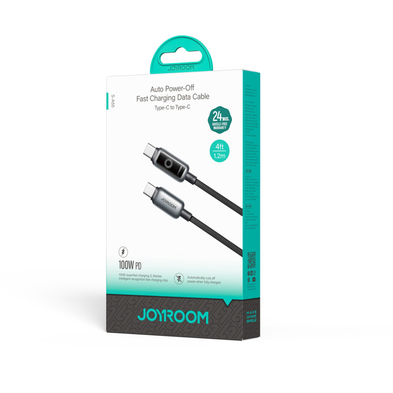 Joyroom Cable Intelligent Power‑Off 100 W USB‑C a USB‑C 1,2 m, Negro Caja