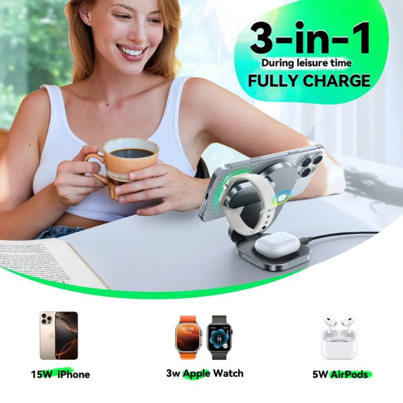Joyroom JR-W17 Chargeur sans fil 3 en 1 pour téléphone portable, écouteurs et smartwatch compatibles