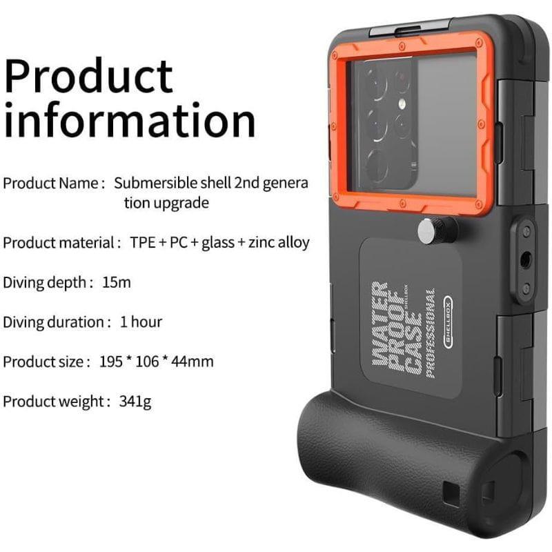 Funda Sumergible Universal para teléfono con carcasa robusta, ventana naranja para cámara, botón de disparo, empuñadura ergonómica y sellado hasta 15 m