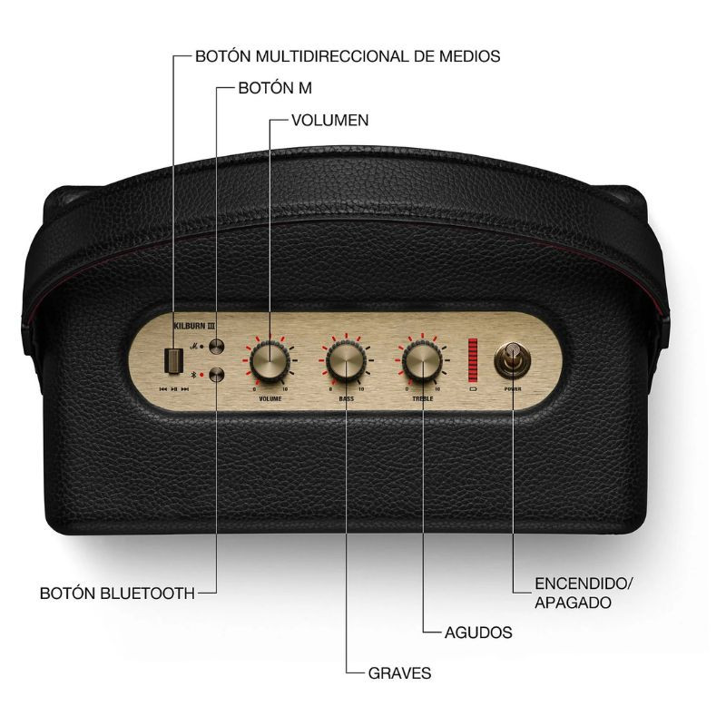 Marshall Kilburn III Preto e Latão, painel de controlo