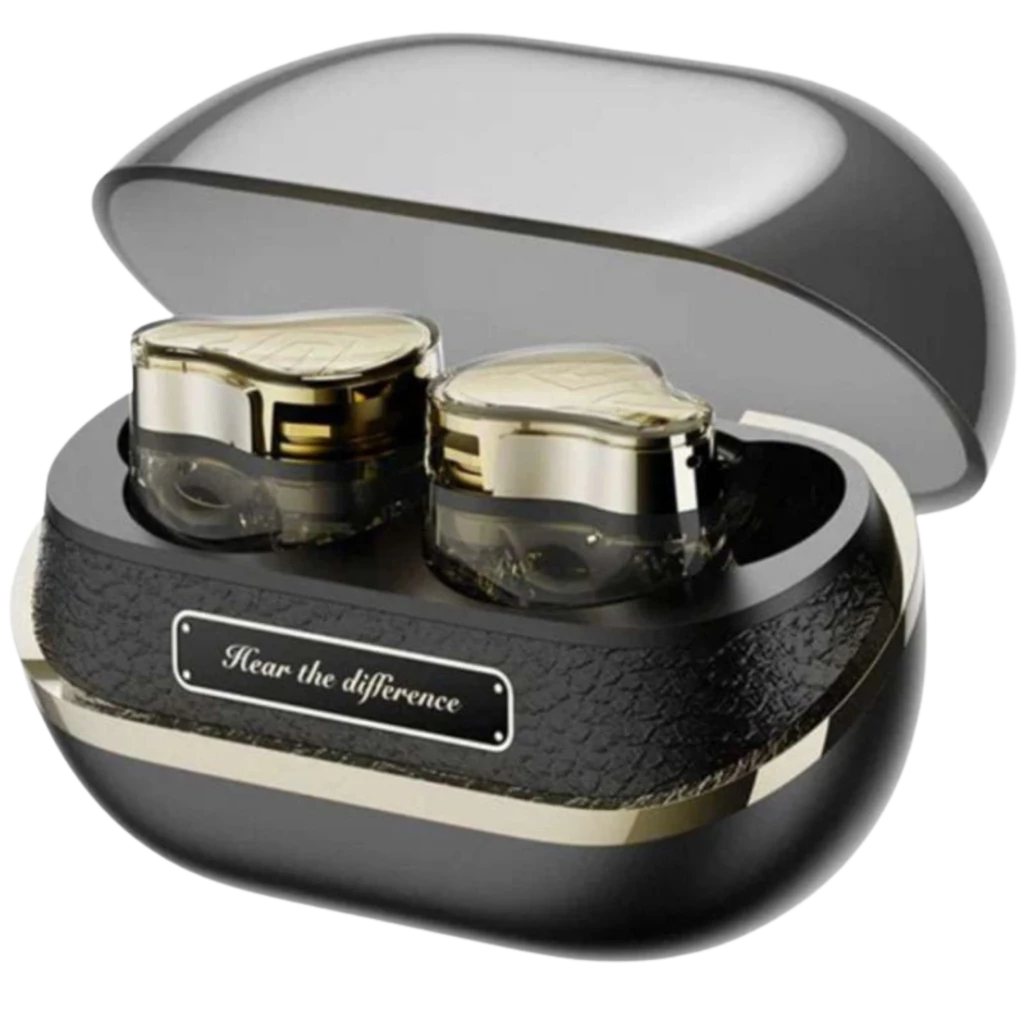 SoundPEATS H3 TWS - Écouteurs Bluetooth avec boîtiers translucides dorés, coque de charge noire texturée et accents métalliques élégants