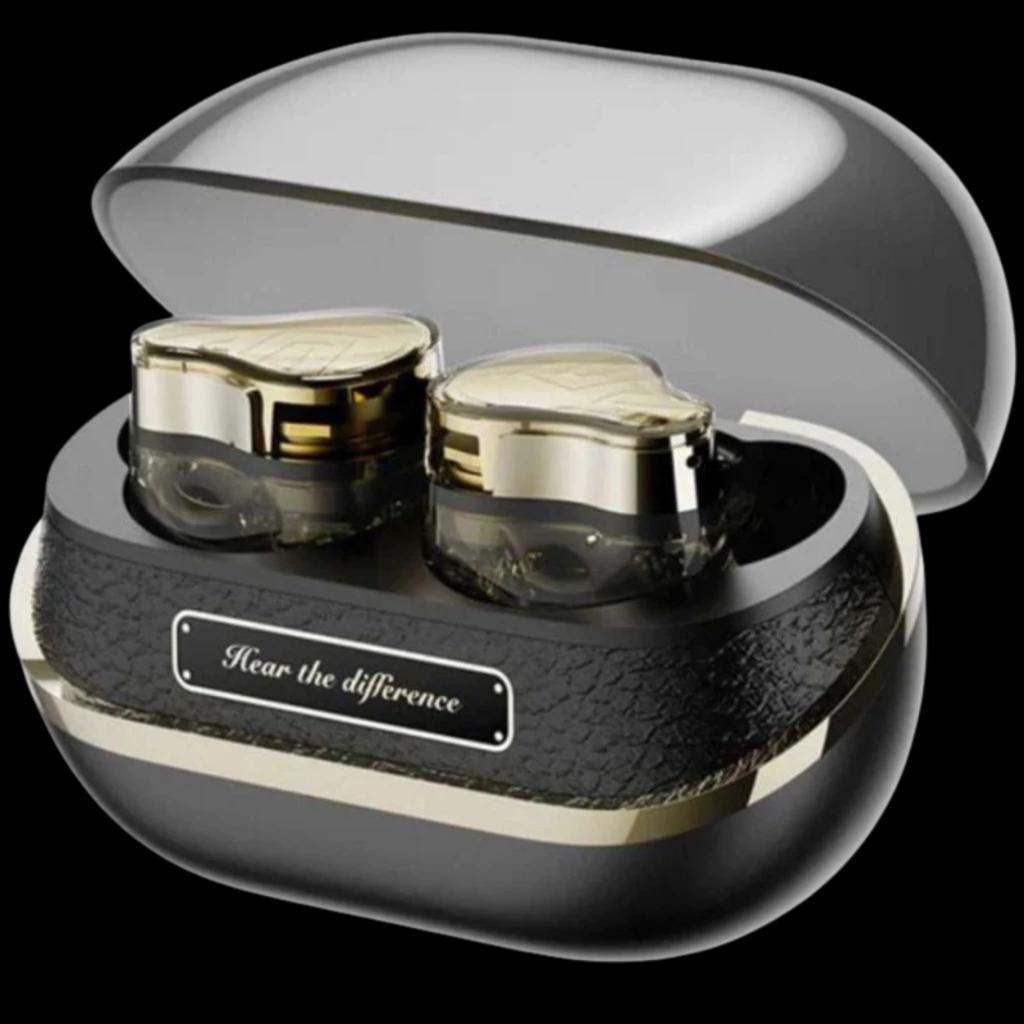 SoundPEATS H3 TWS - Écouteurs Bluetooth avec boîtiers translucides dorés, coque de charge noire texturée et accents métalliques élégants