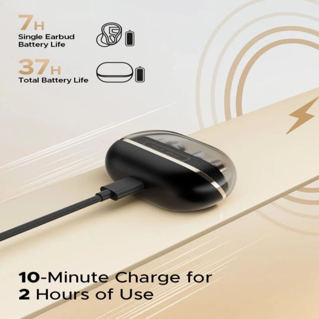 SoundPEATS H3 TWS Écouteurs Bluetooth avec boîtier noir translucide en charge USB-C, indicateur lumineux, autonomie 7 h par écouteur et 37 h au total