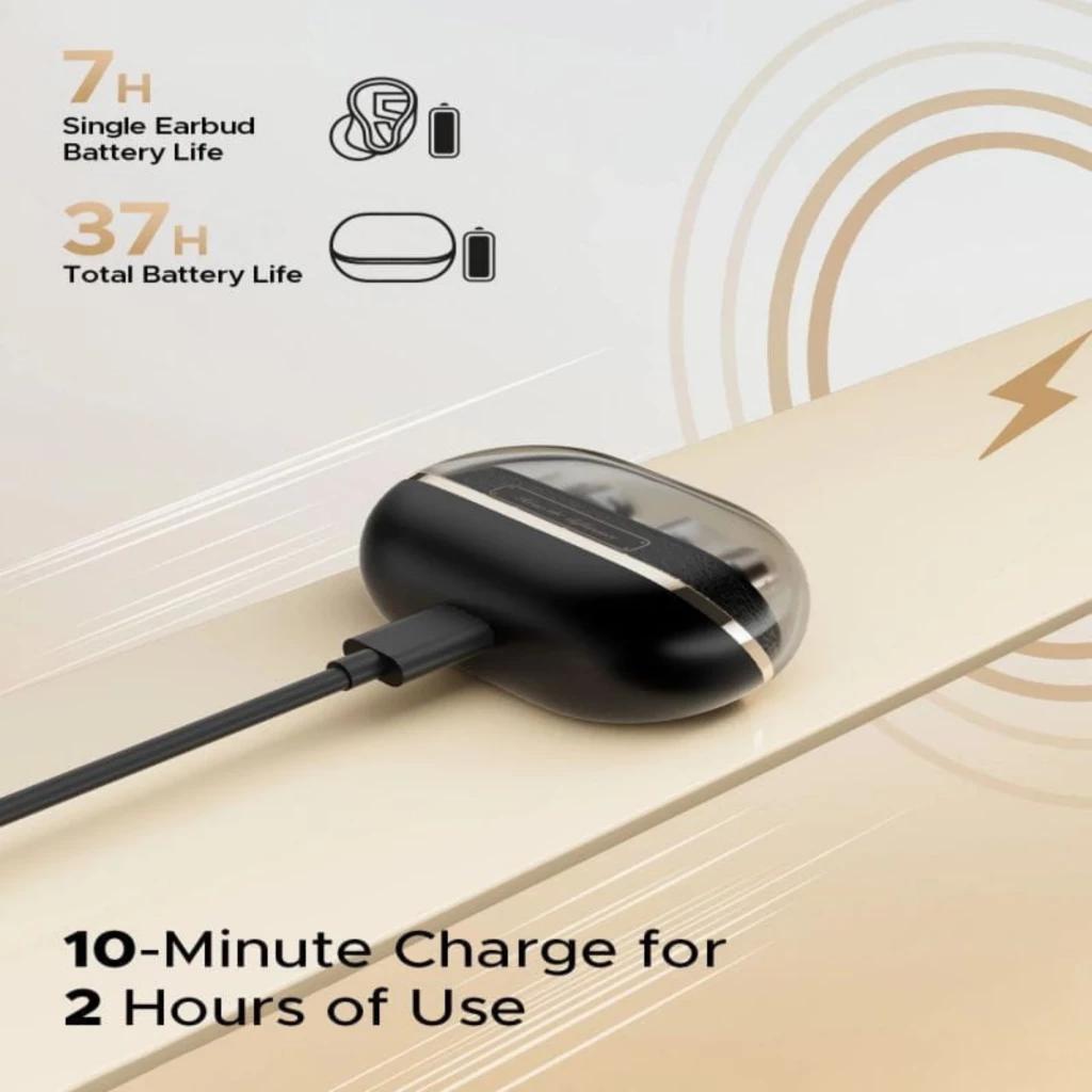 SoundPEATS H3 TWS Écouteurs Bluetooth avec boîtier noir translucide en charge USB-C, indicateur lumineux, autonomie 7 h par écouteur et 37 h au total