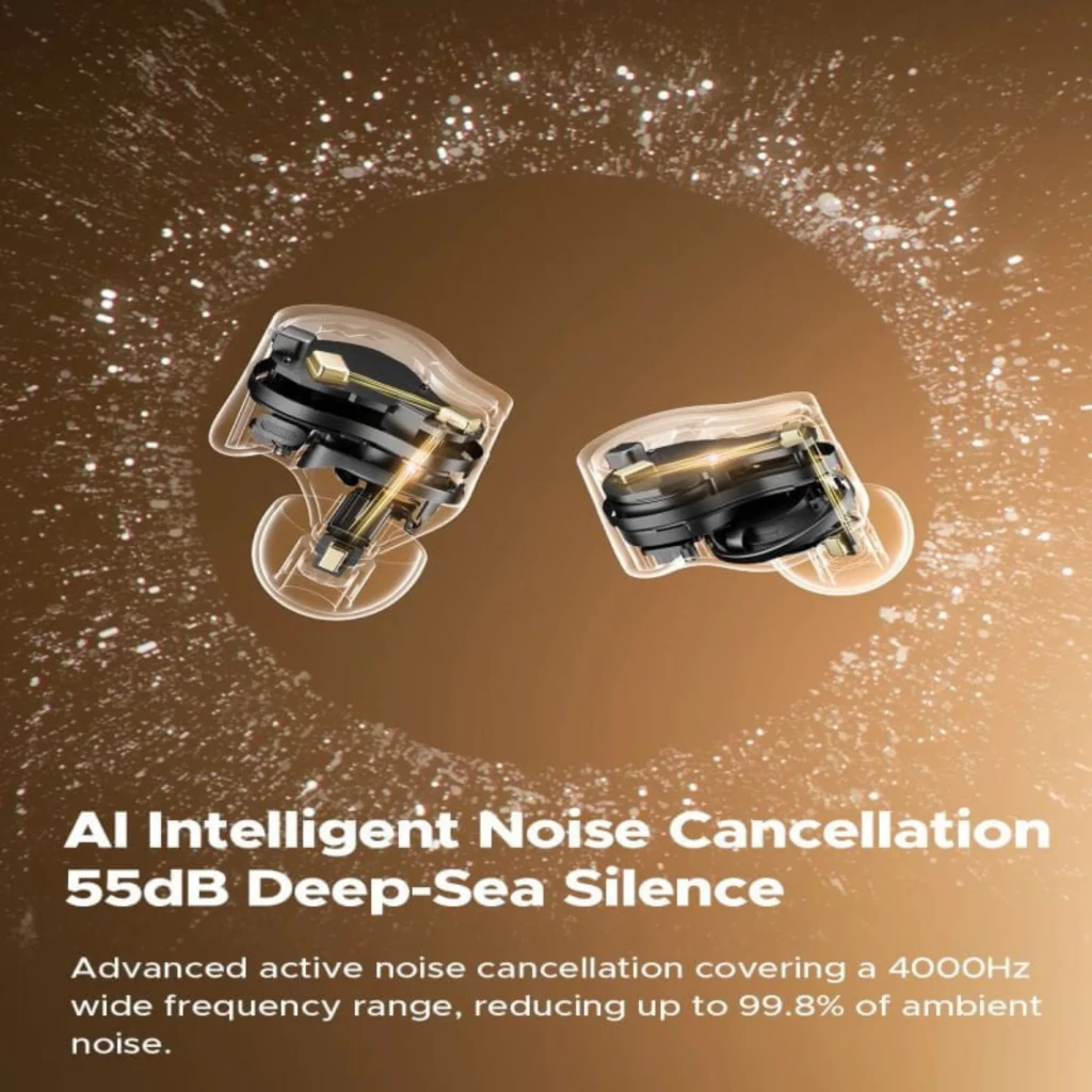 SoundPEATS H3 TWS Écouteurs Bluetooth en vue éclatée, coques transparentes révélant drivers internes, design intra-auriculaire, réduction de bruit