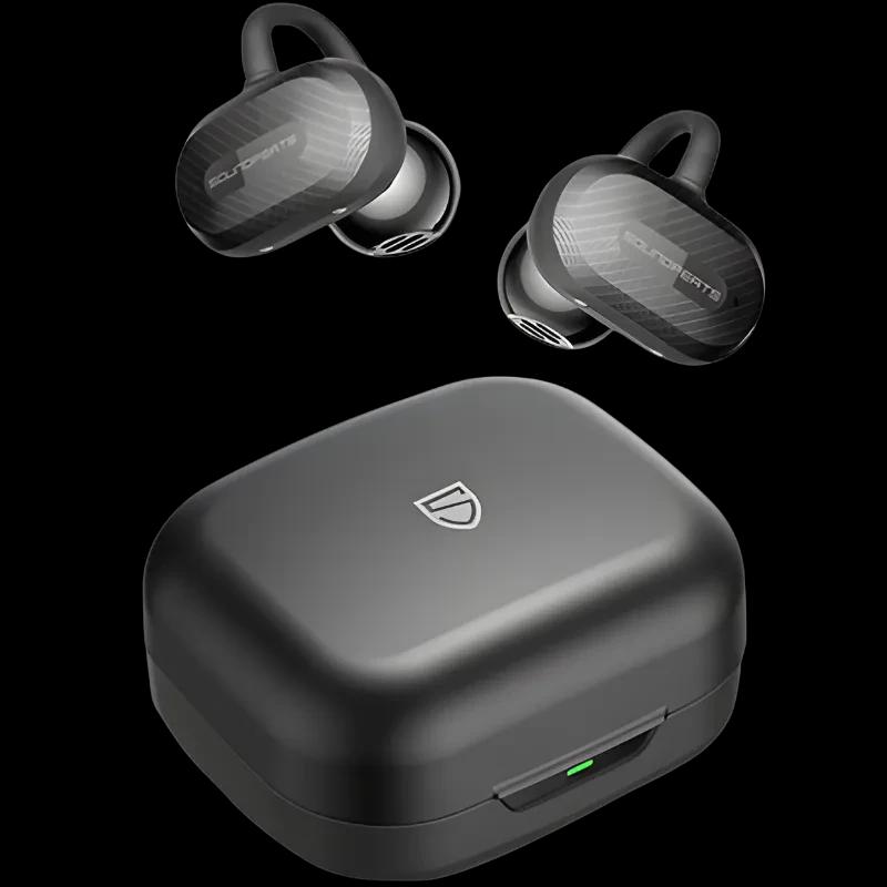 SoundPEATS Air Clip Open Ear Écouteurs Bluetooth avec boîtier de charge noir, design ouvert à crochet, finitions carbone, indicateur LED vert
