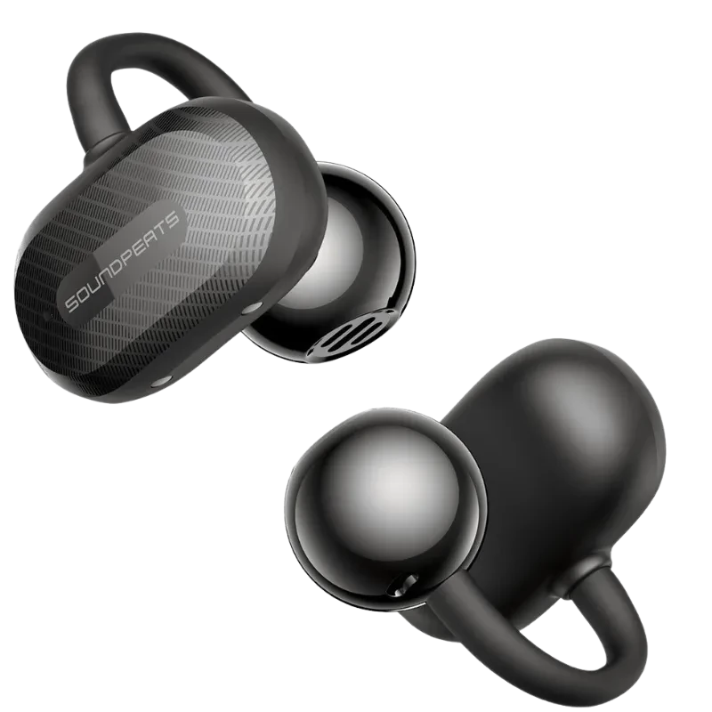 SoundPEATS Air Clip Open Ear Écouteurs Bluetooth avec design clip oreille, coque noire mate, grille ouverte et surface texturée gris foncé