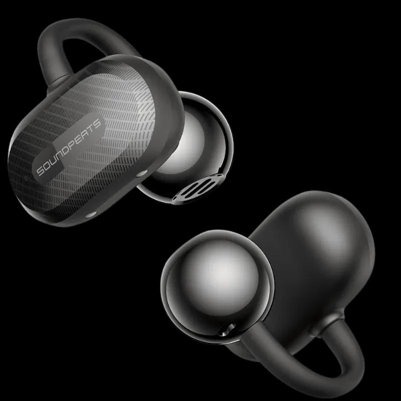 SoundPEATS Air Clip Open Ear Écouteurs Bluetooth avec design clip oreille, coque noire mate, grille ouverte et surface texturée gris foncé