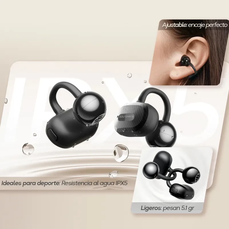 SoundPEATS Air Clip Open Ear Écouteurs Bluetooth noirs, design open-ear, crochet d’oreille ajustable, légers 5,1 g, résistants à l’eau IPX5, idéals