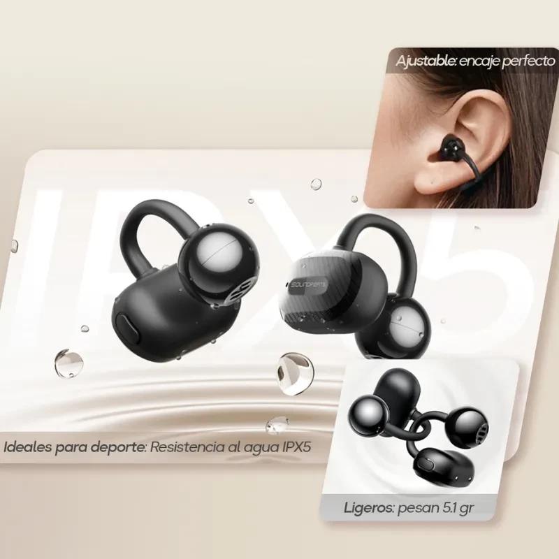 SoundPEATS Air Clip Open Ear Écouteurs Bluetooth noirs, design open-ear, crochet d’oreille ajustable, légers 5,1 g, résistants à l’eau IPX5, idéals