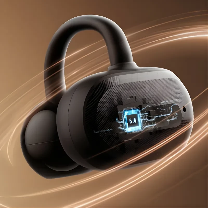 SoundPEATS Air Clip Open Ear - Écouteurs Bluetooth avec contour d’oreille ouvert, puce 5.4 visible, design noir mat, circuits internes mis en évidence