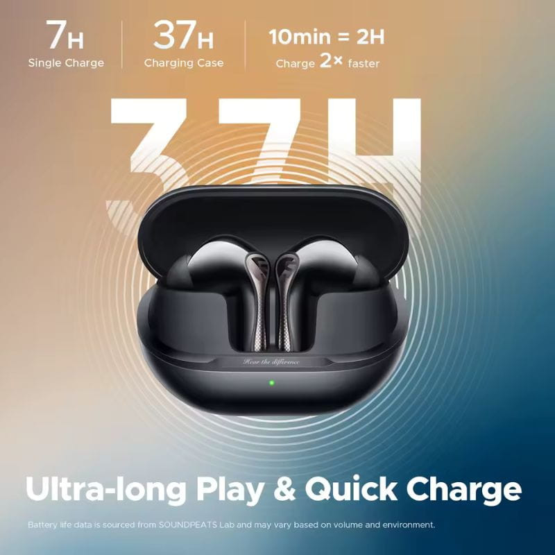 SoundPEATS Air 5 Pro Blanco: estuche compacto oscuro con tapa abierta y dos auriculares intrauditivos brillantes, indicadores LED frontales y diseño estilizado