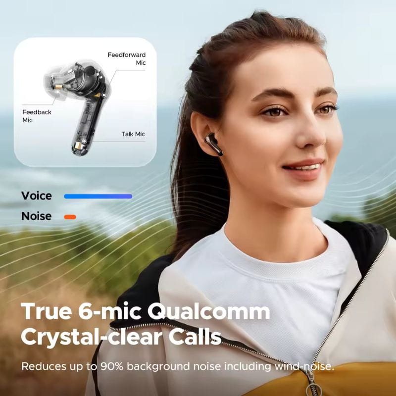 SoundPEATS Air 5 Pro Blanco: auriculares in-ear con varilla corta, acabado blanco brillante, estuche compacto y diseño con triple micrófono visible en corte