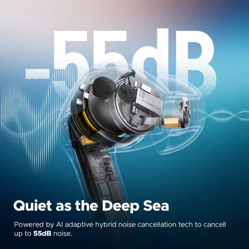SoundPEATS Air 5 Pro Blanco con cancelación de ruido híbrida hasta 55 dB, diseño intraauricular, micrófonos integrados y componentes visibles en corte