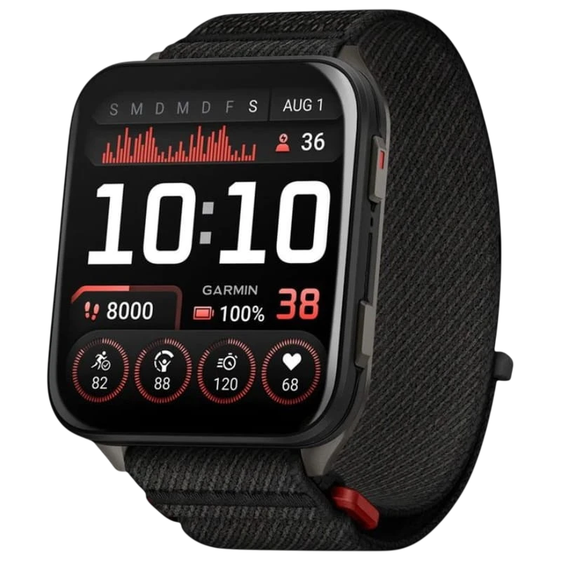 Garmin Venu X1 con caja de titanio gris y correa de nailon ComfortFit negra; pantalla cuadrada con widgets de salud, actividad y batería en rojo y blanco