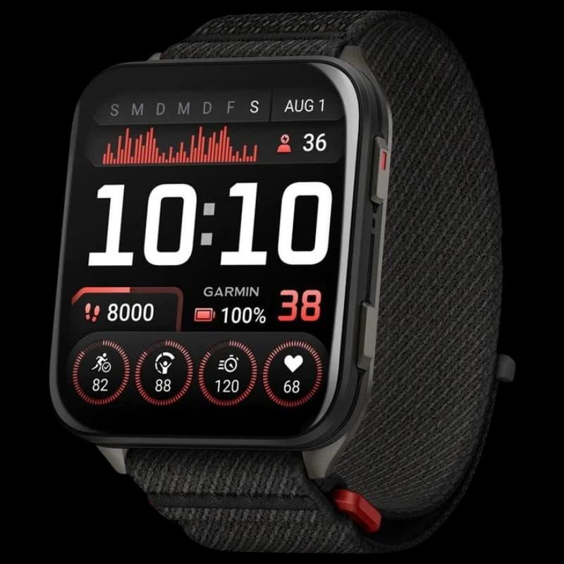 Garmin Venu X1 con caja de titanio gris y correa de nailon ComfortFit negra; pantalla cuadrada con widgets de salud, actividad y batería en rojo y blanco